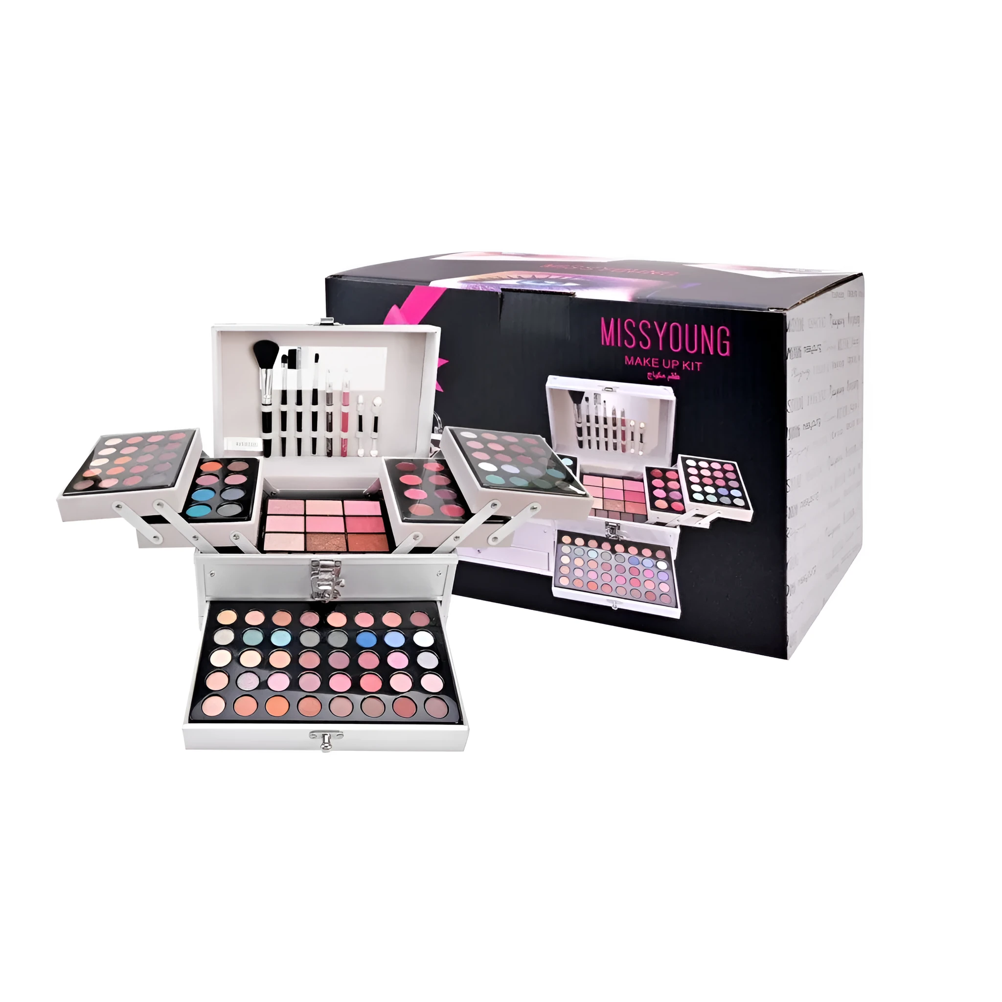 Silver makeup set with eye shadow, blush, lip gloss, lip pencil, and brush in a compact case