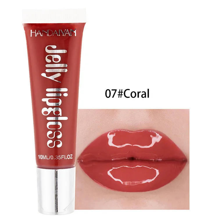 Jelly glass moisturising lip gloss tube in Pearl White shade with carton packaging and 12 colour options