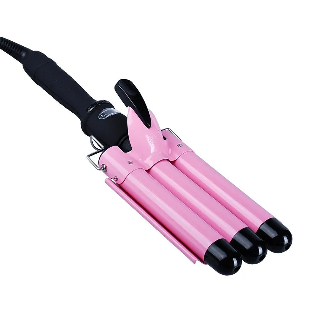 Pink curling iron with LCD screen, conical ceramic barrel 16-20mm, and rotating cord