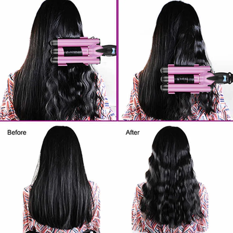 Pink curling iron with LCD screen, conical ceramic barrel 16-20mm, and rotating cord