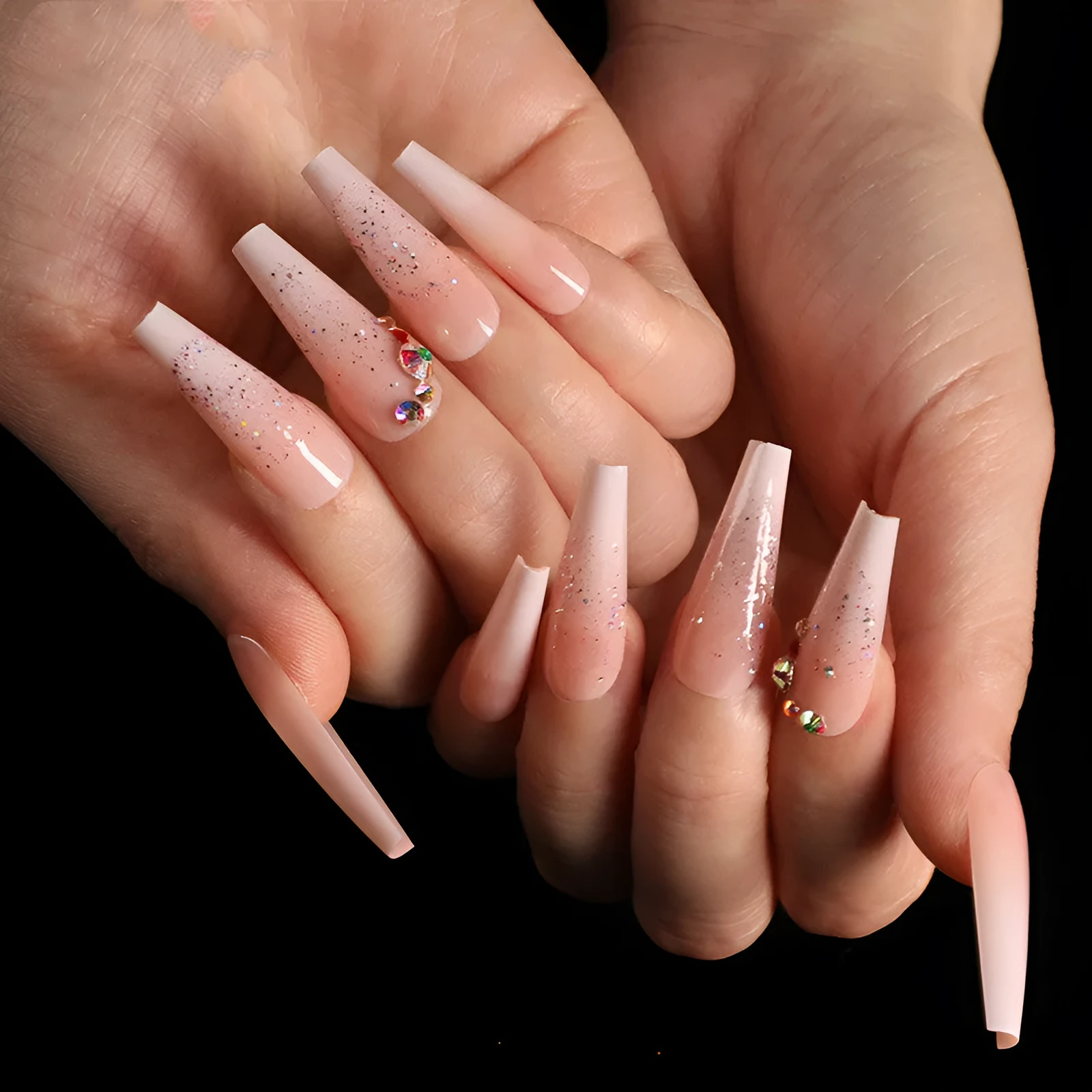 Boxed ballet gradient fake nails with starry sky glitter effect, 24 pieces in photo colour