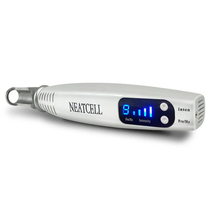 Picosecond laser pen in blue and red colours for tattoo removal and dark spot treatment, with charge cable and safe goggles