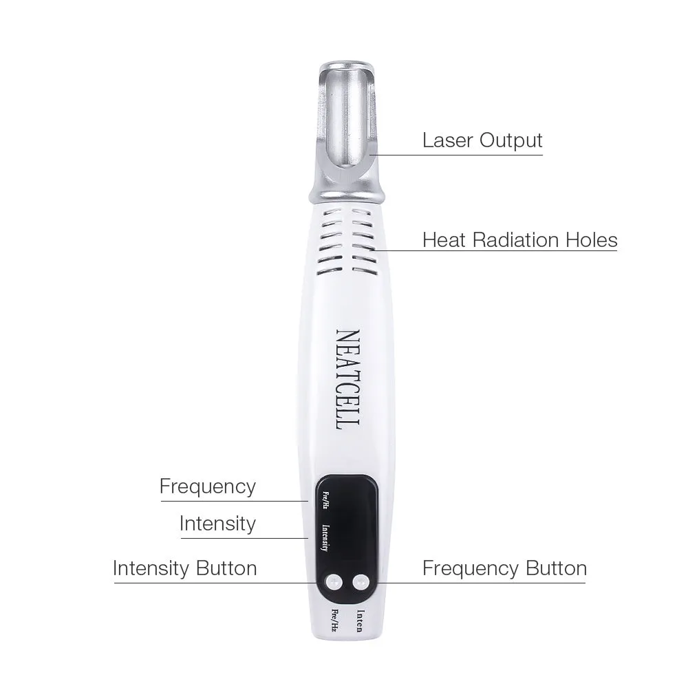 Picosecond laser pen in blue and red colours for tattoo removal and dark spot treatment, with charge cable and safe goggles