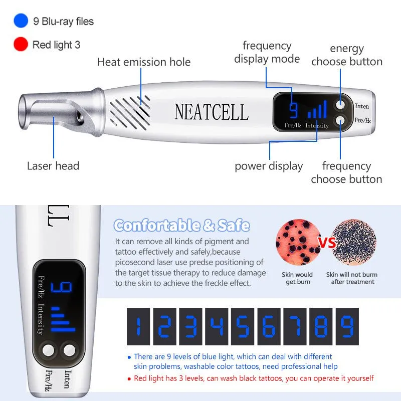 Picosecond laser pen in blue and red colours for tattoo removal and dark spot treatment, with charge cable and safe goggles