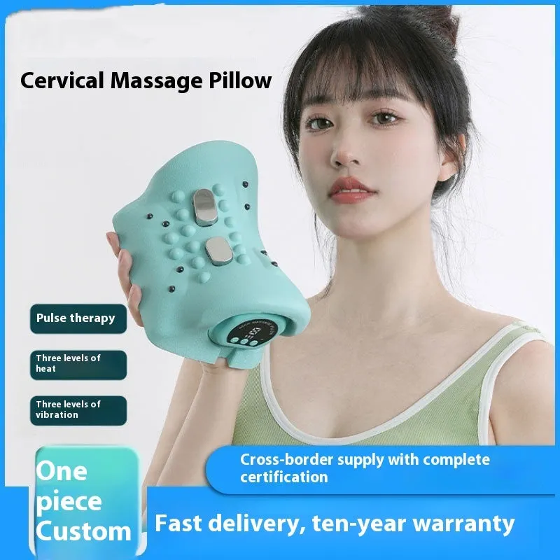 Blue-green portable EMS hot compress massage pillow for cervical spine and shoulders