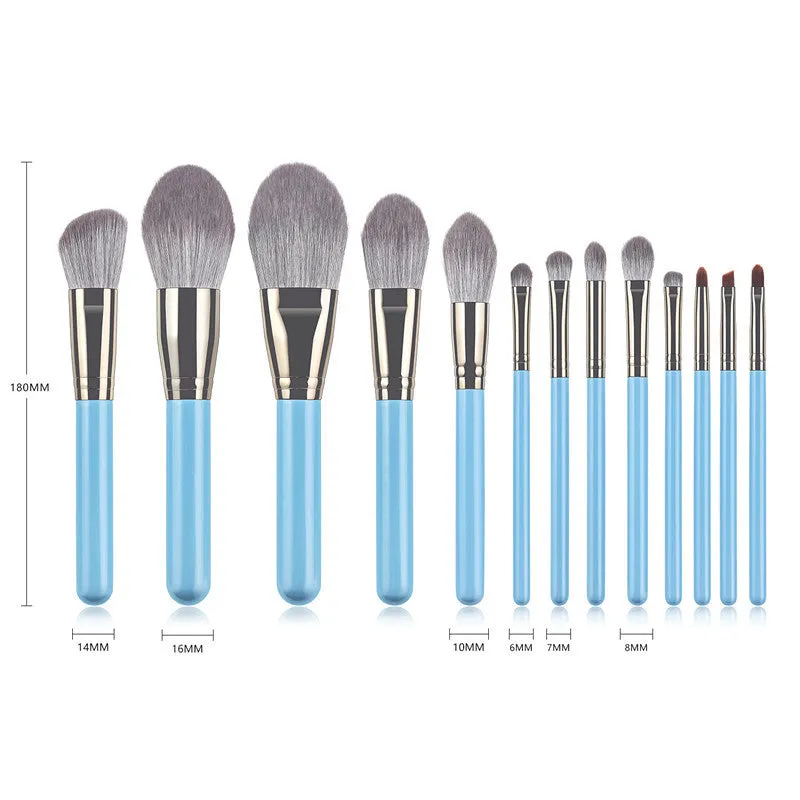 Blue 13-piece synthetic hair makeup brush set with wooden handles and aluminum ferrules on a clean surface