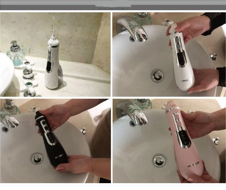 V500 portable electric dental flusher in white with black carrying case on bathroom counter