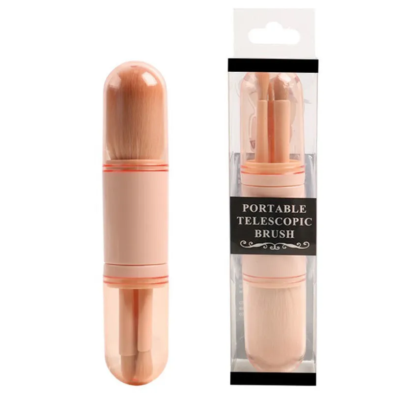 Single 4-in-1 retractable makeup brush set with four skin-colour bristle heads, 14cm total length, on a white background