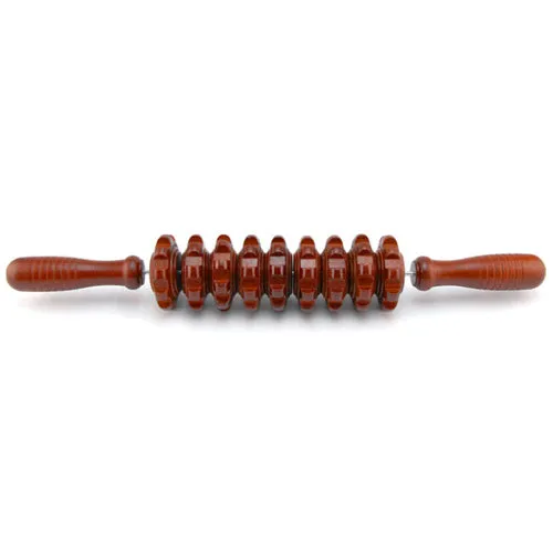 Natural wood massage stick roller approximately 38 cm long on a neutral background