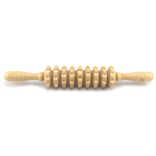 Natural wood massage stick roller approximately 38 cm long on a neutral background