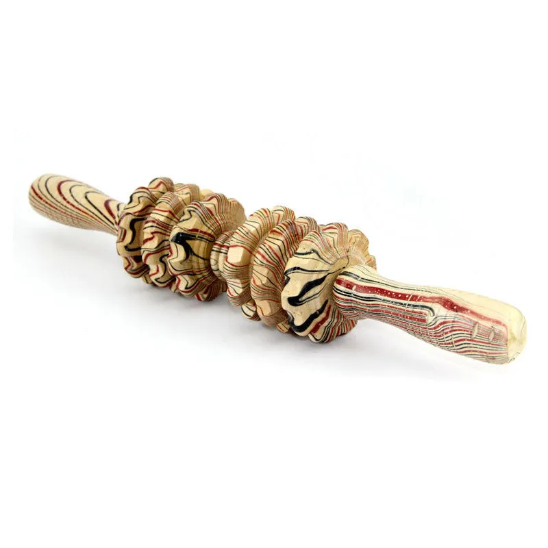 Natural wood massage stick roller approximately 38 cm long on a neutral background