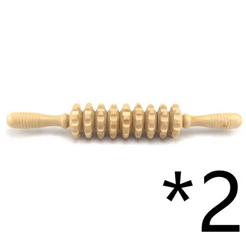 Natural wood massage stick roller approximately 38 cm long on a neutral background