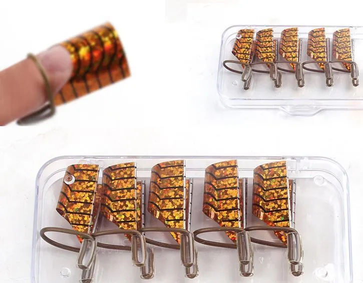 Pack of 5 reusable aluminium phototherapy nail extension trays in gold and silver
