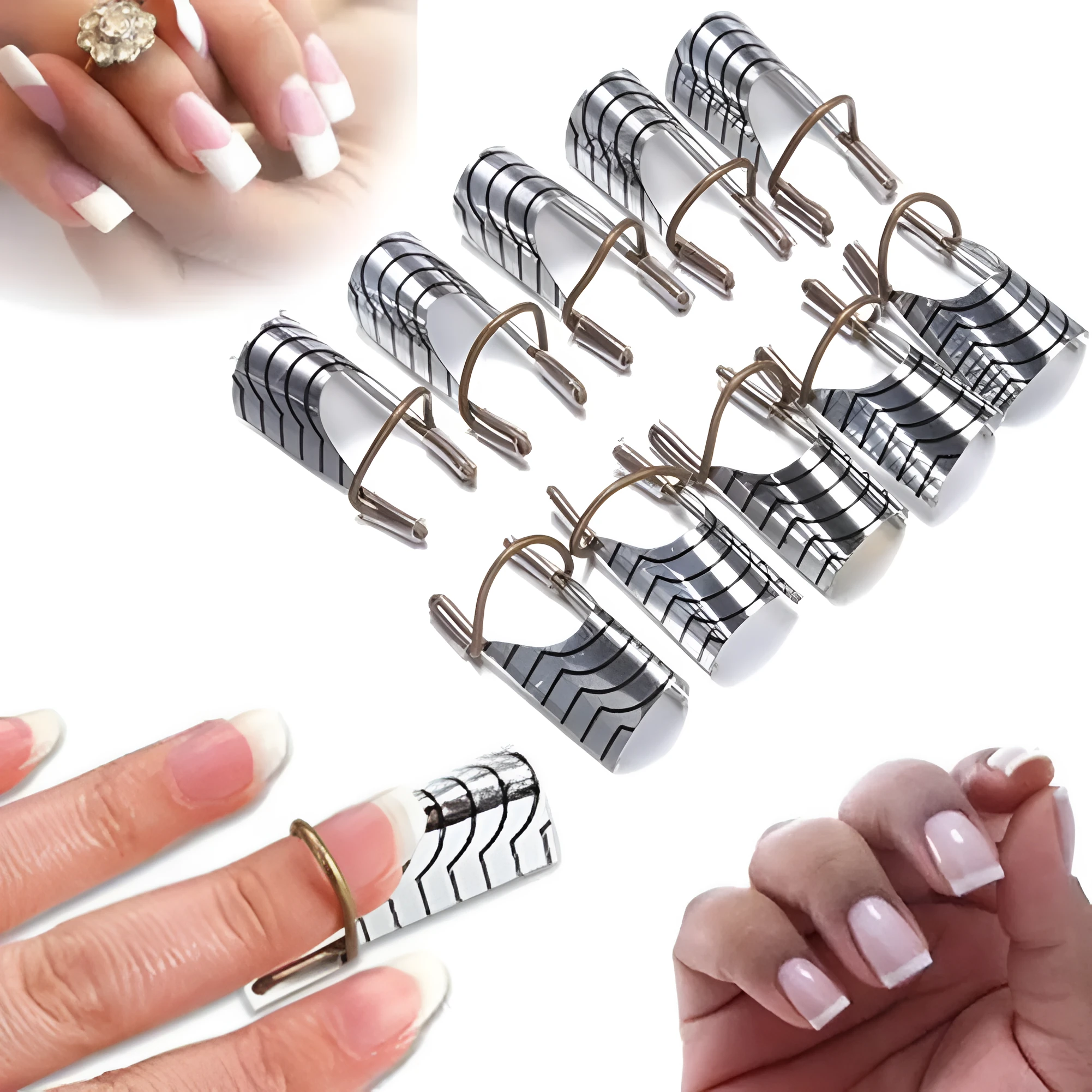 Pack of 5 reusable aluminium phototherapy nail extension trays in gold and silver