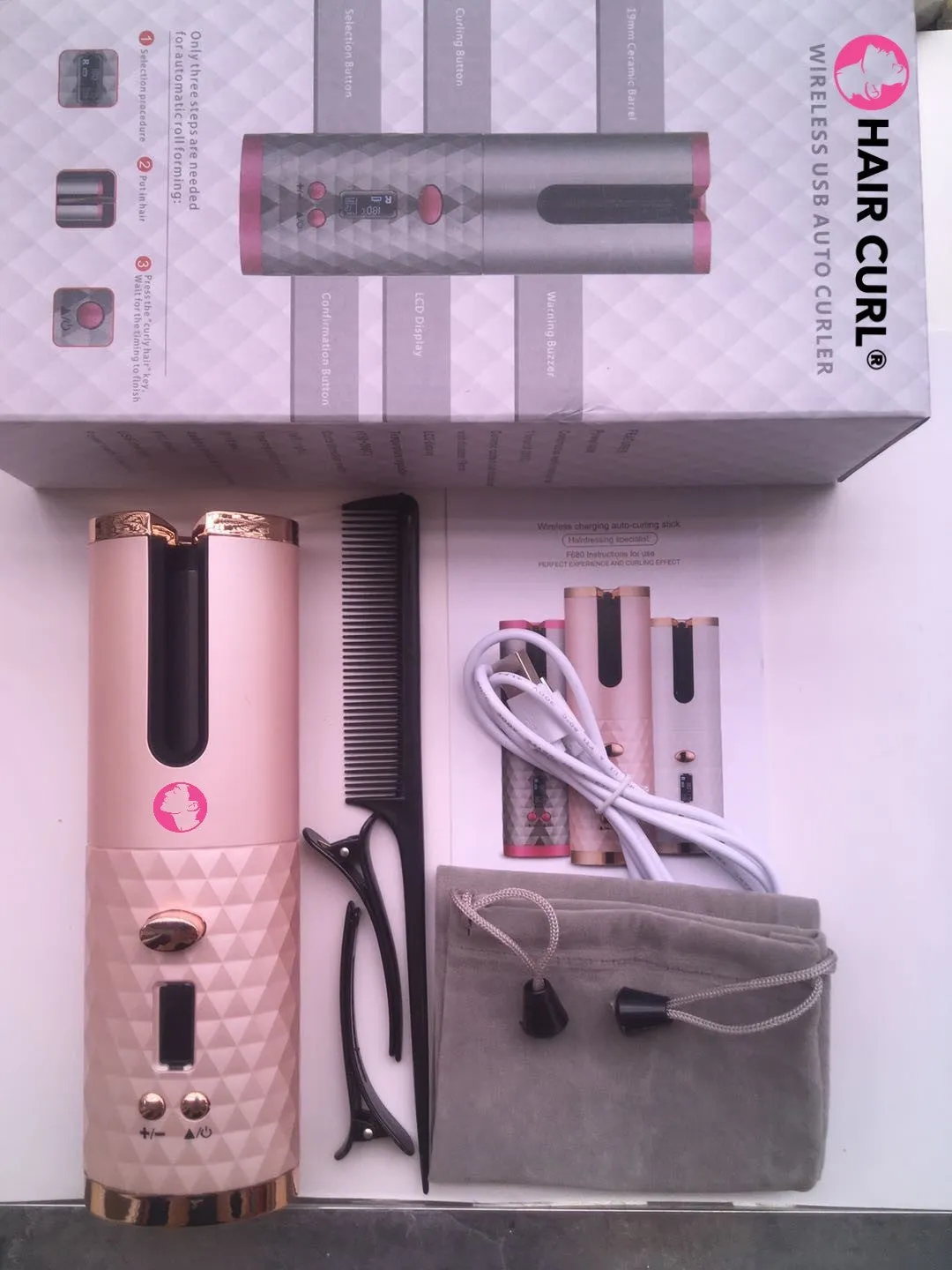 Automatic wireless curling iron with rechargeable battery in black colour