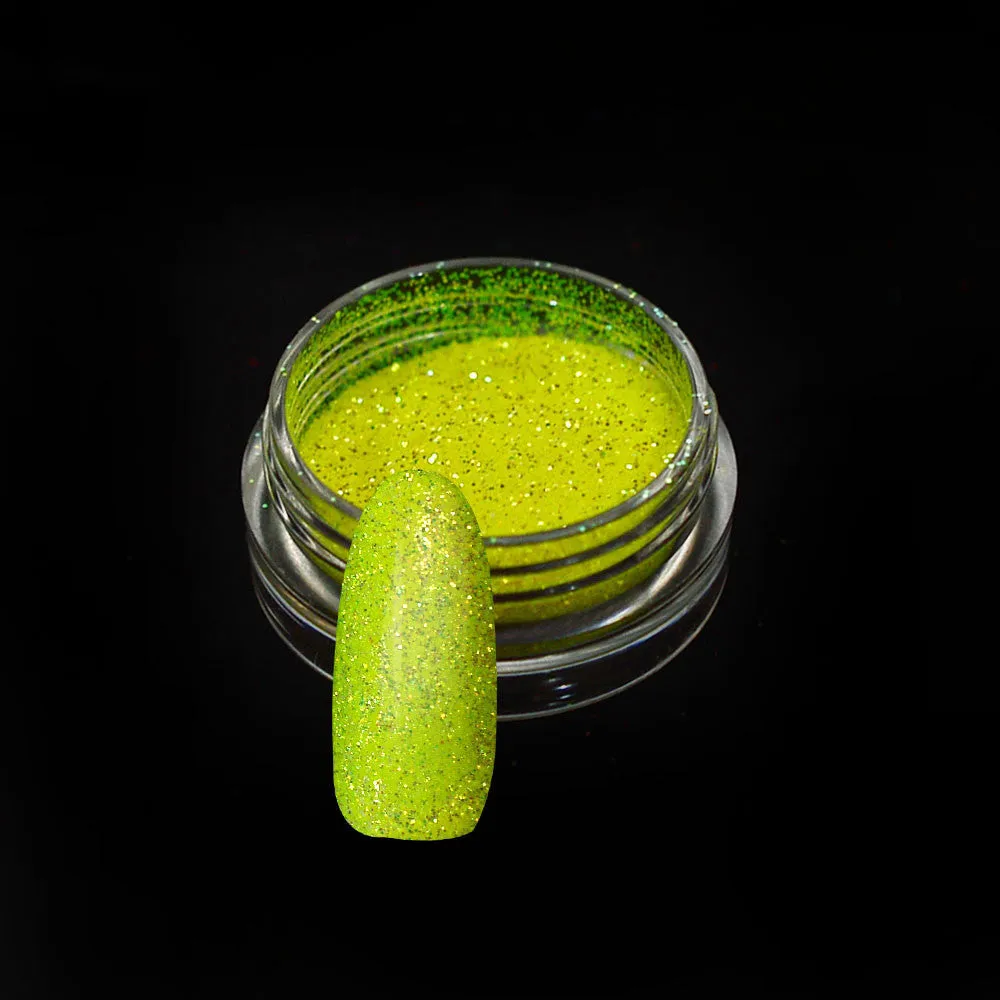 Six 1g pots of neon nail glitter powder in blue, green, orange, pink, purple, and yellow colours on a white background