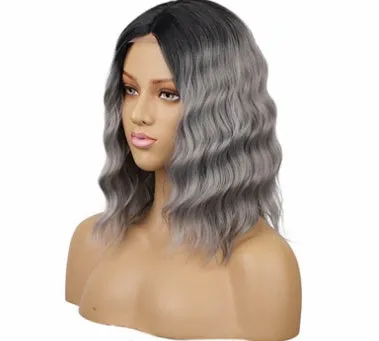 Short curly front lace wig for ladies, high temperature wire, 38 cm length, colour R4/13/10# light grey