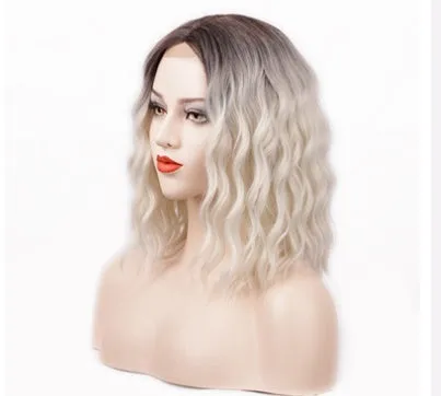 Short curly front lace wig for ladies, high temperature wire, 38 cm length, colour R4/13/10# light grey