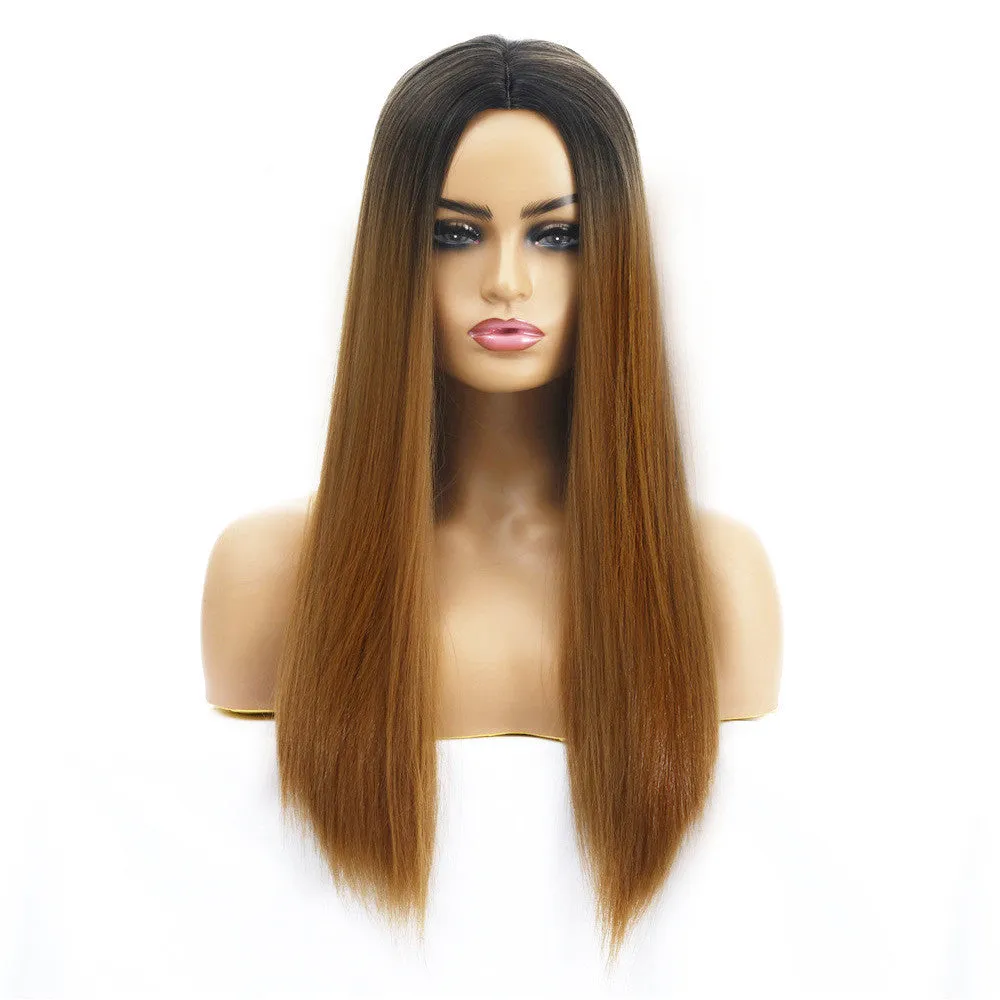 Women's long straight chemical fibre wig in 55cm length, purple colour, on mannequin head