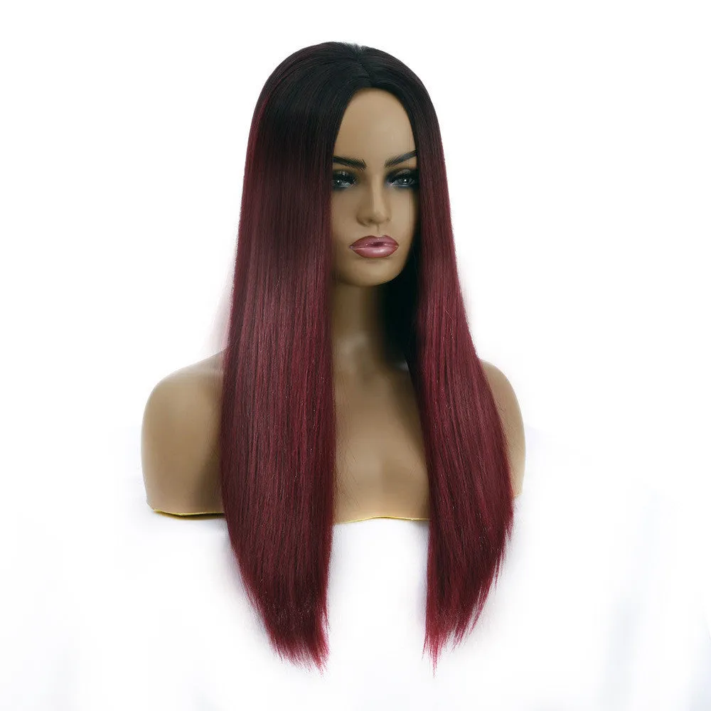 Women's long straight chemical fibre wig in 55cm length, purple colour, on mannequin head