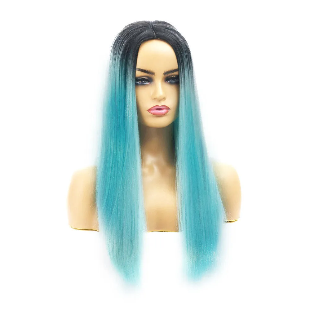 Women's long straight chemical fibre wig in 55cm length, purple colour, on mannequin head