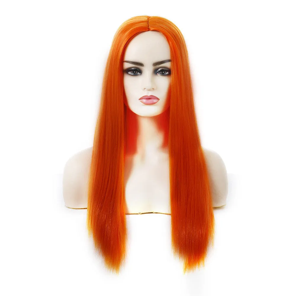 Women's long straight chemical fibre wig in 55cm length, purple colour, on mannequin head