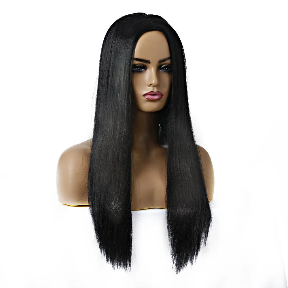 Women's long straight chemical fibre wig in 55cm length, purple colour, on mannequin head