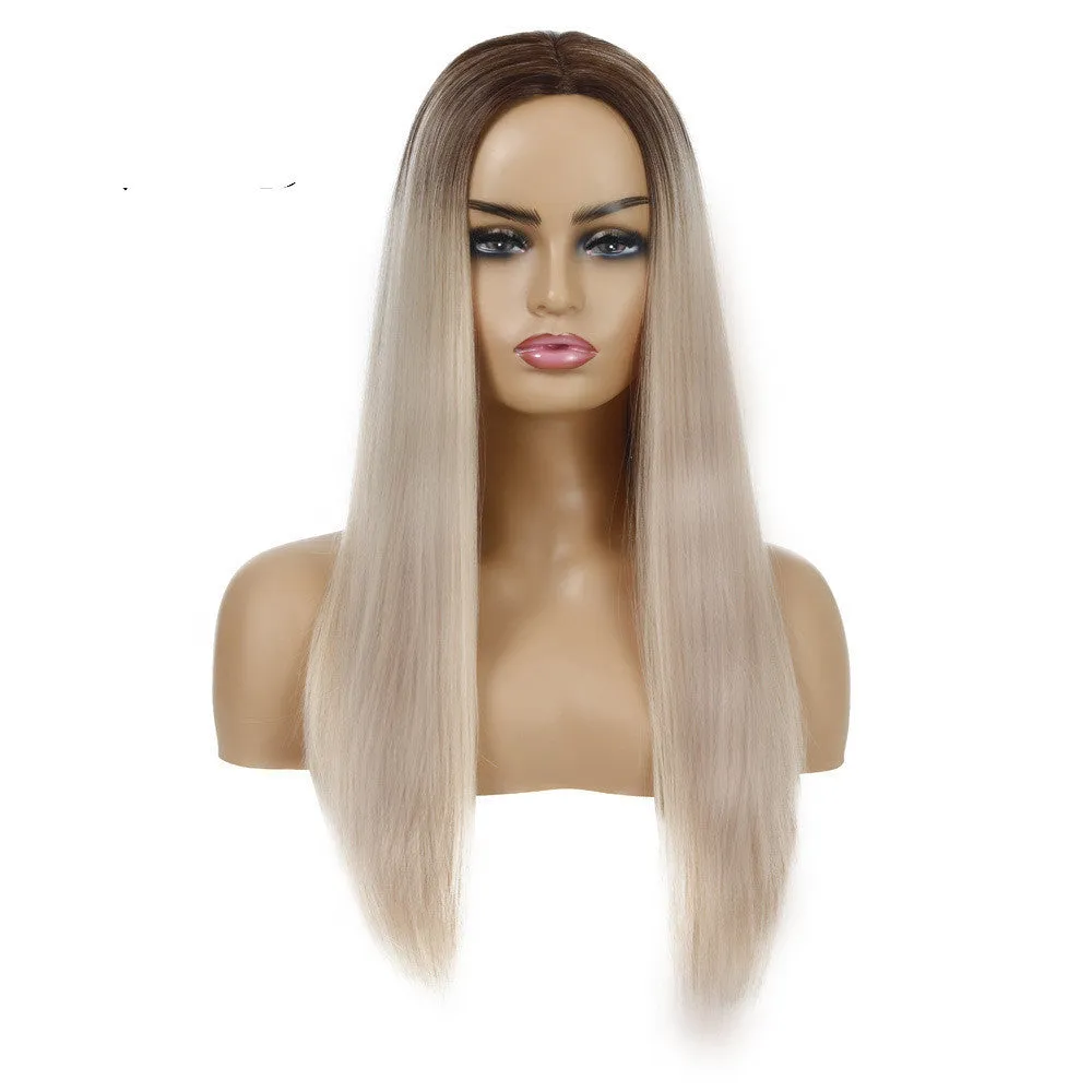 Women's long straight chemical fibre wig in 55cm length, purple colour, on mannequin head