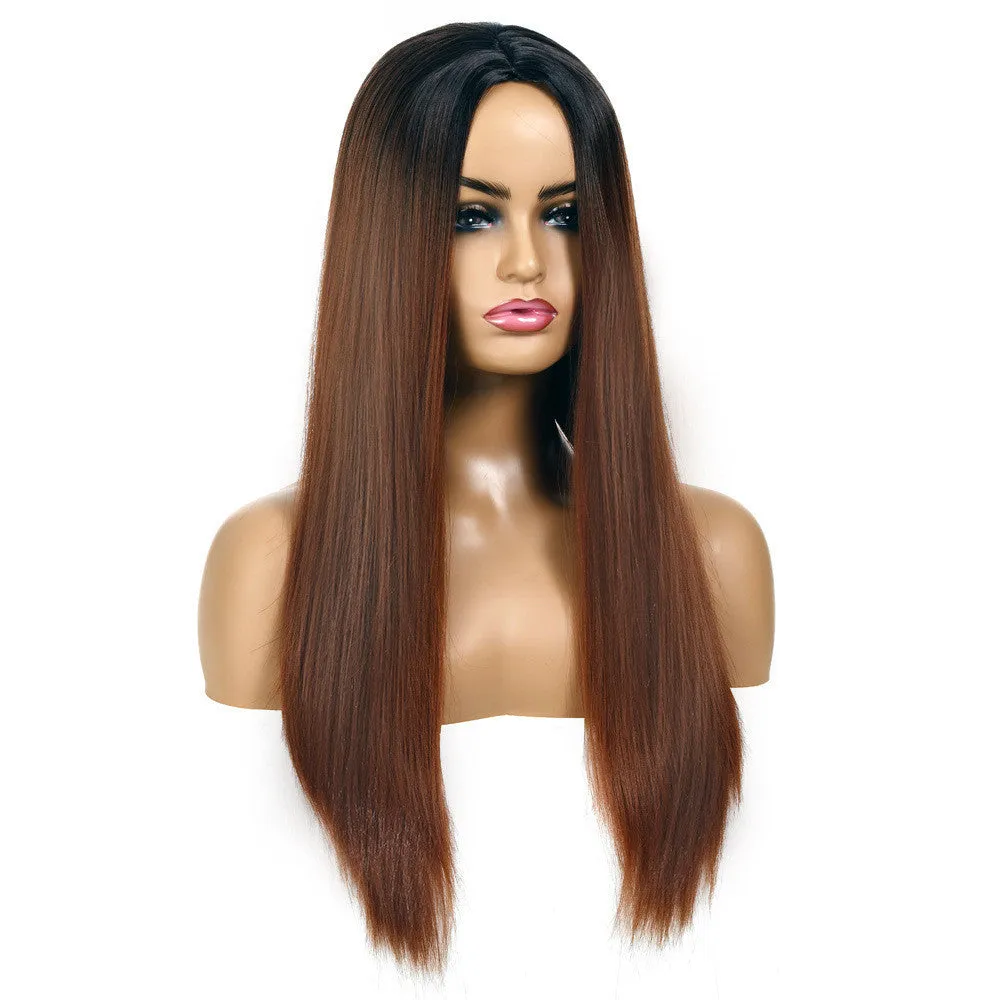 Women's long straight chemical fibre wig in 55cm length, purple colour, on mannequin head