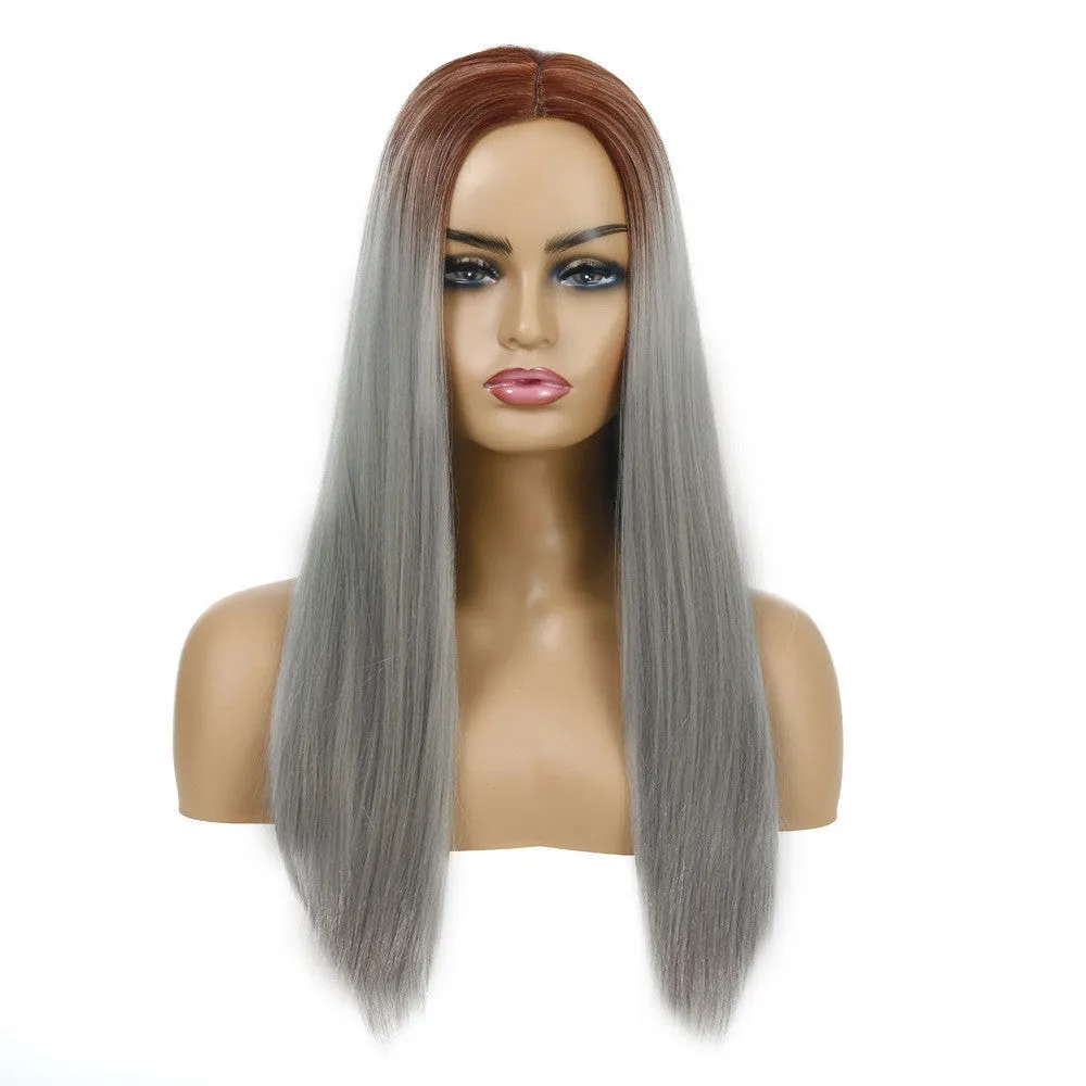 Women's long straight chemical fibre wig in 55cm length, purple colour, on mannequin head