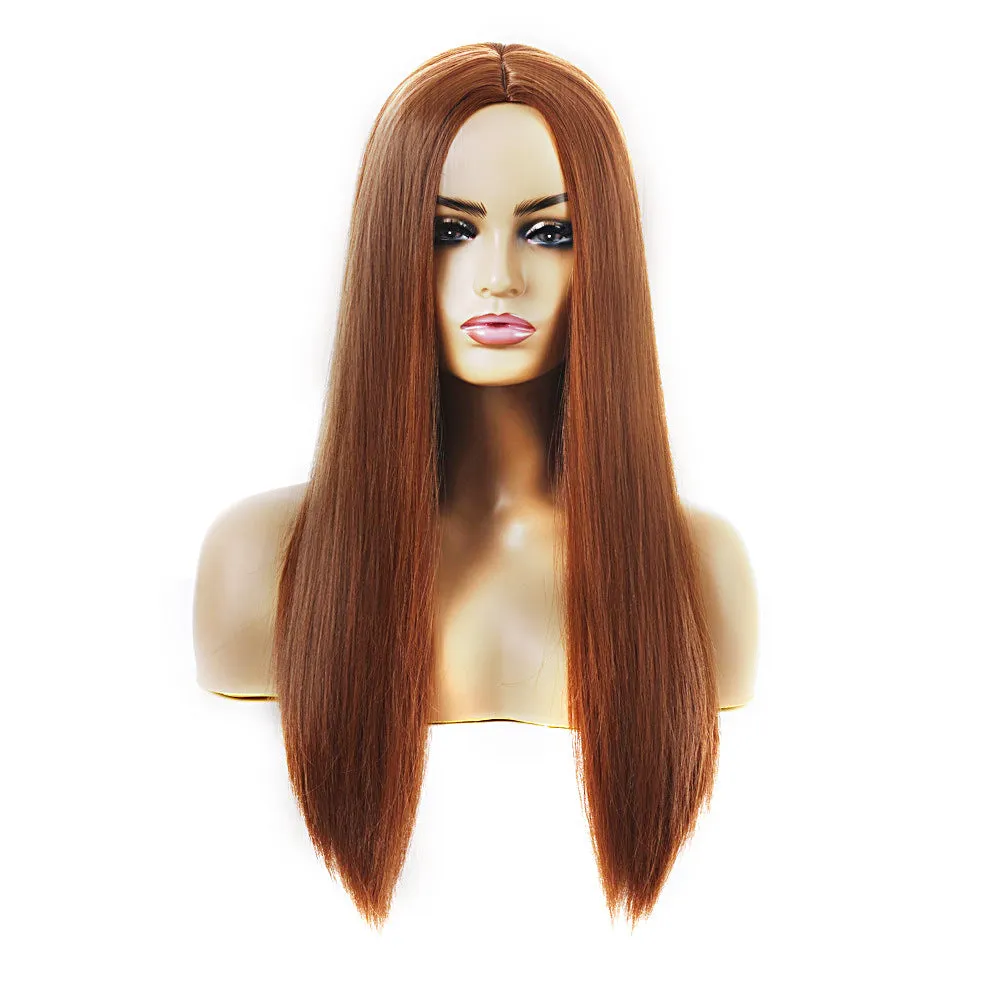 Women's long straight chemical fibre wig in 55cm length, purple colour, on mannequin head