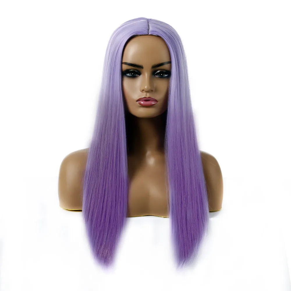 Women's long straight chemical fibre wig in 55cm length, purple colour, on mannequin head