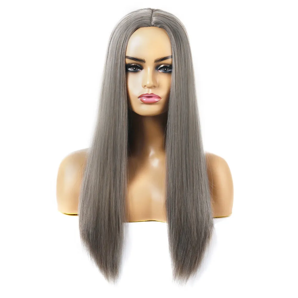 Women's long straight chemical fibre wig in 55cm length, purple colour, on mannequin head