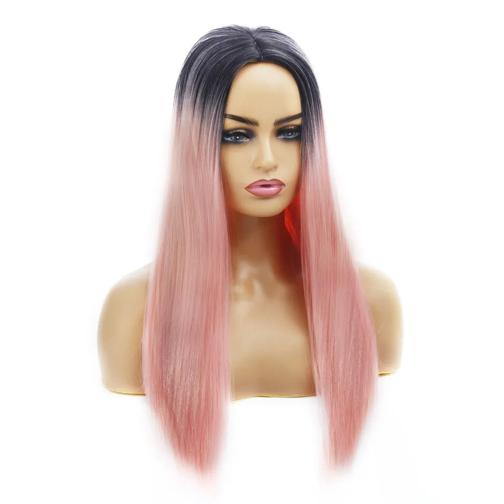 Women's long straight chemical fibre wig in 55cm length, purple colour, on mannequin head