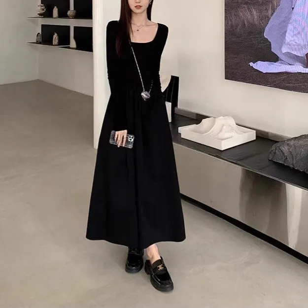 Black square collar knitted A-line dress with long sleeves and an elastic waist on a model.