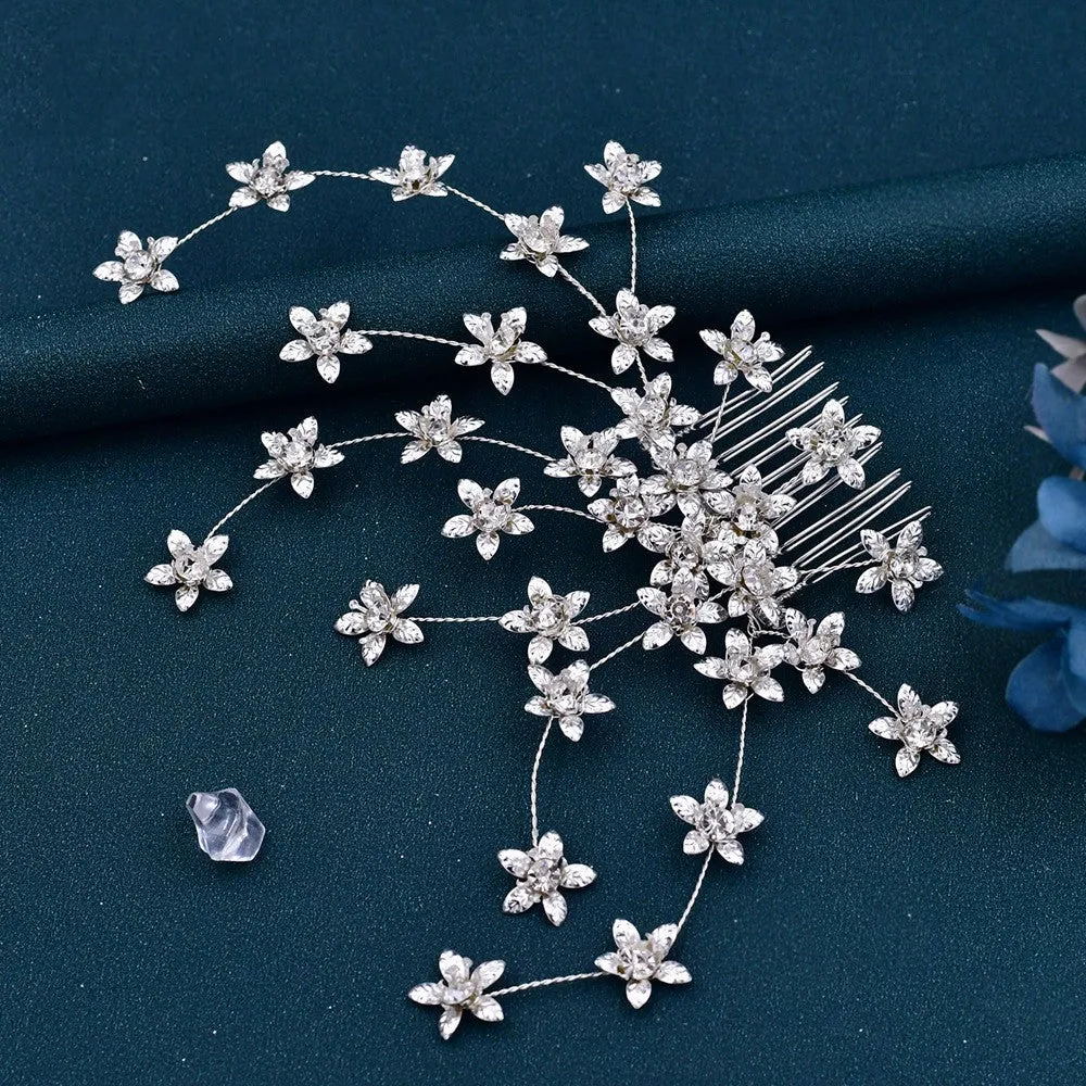 Silver tone handmade crystal rhinestone bridal hair comb ornament for wedding hairstyles
