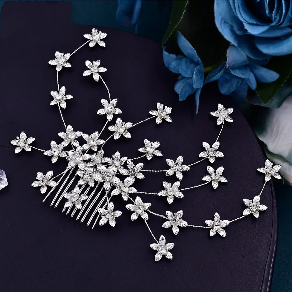 Silver tone handmade crystal rhinestone bridal hair comb ornament for wedding hairstyles