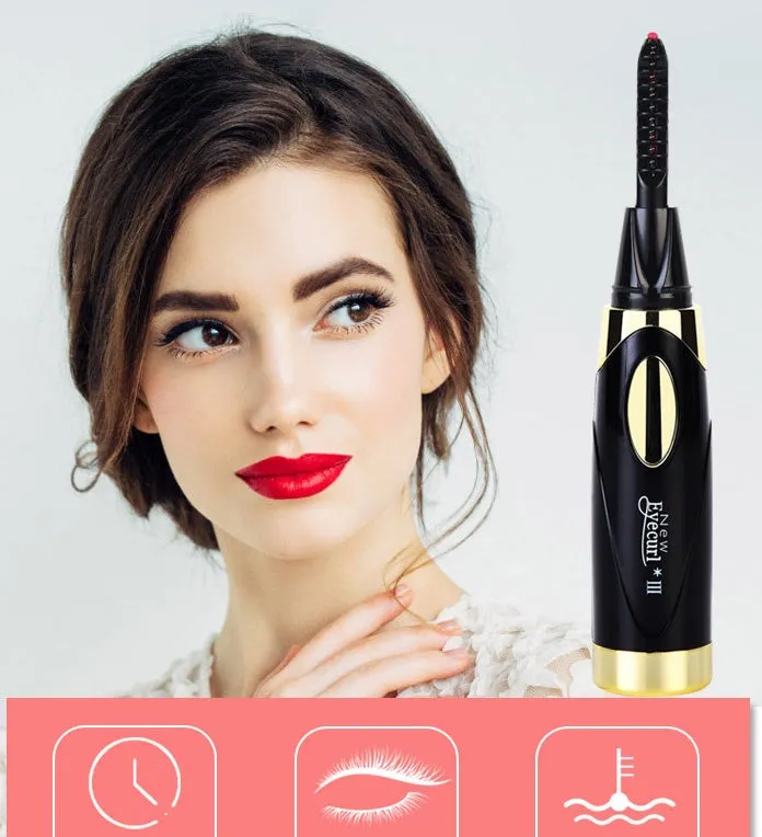 Mini USB rechargeable eyelash curler in black, 128mm long, with charging port visible