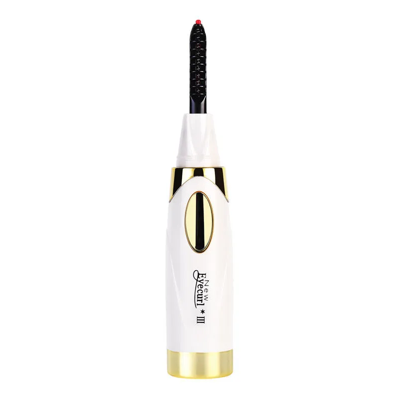 Mini USB rechargeable eyelash curler in black, 128mm long, with charging port visible