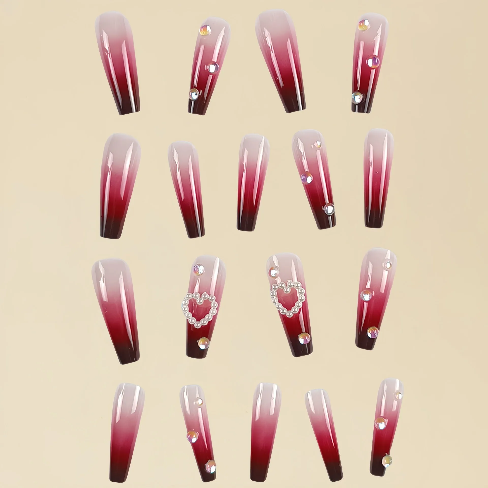 Wine red gradient fake nail tips with plaid heart pattern in long ballet shape