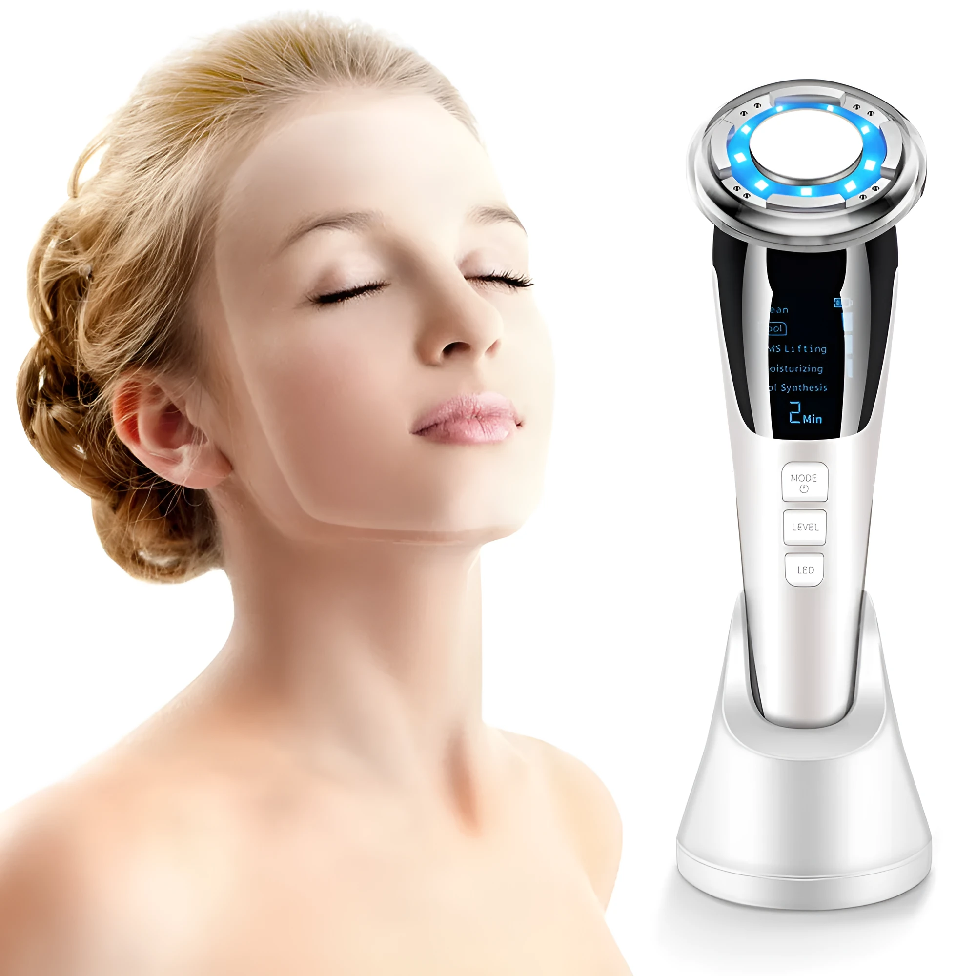 Cold and hot color photoelectron facial massager with negative ion and ultrasonic functions in pink and white colours