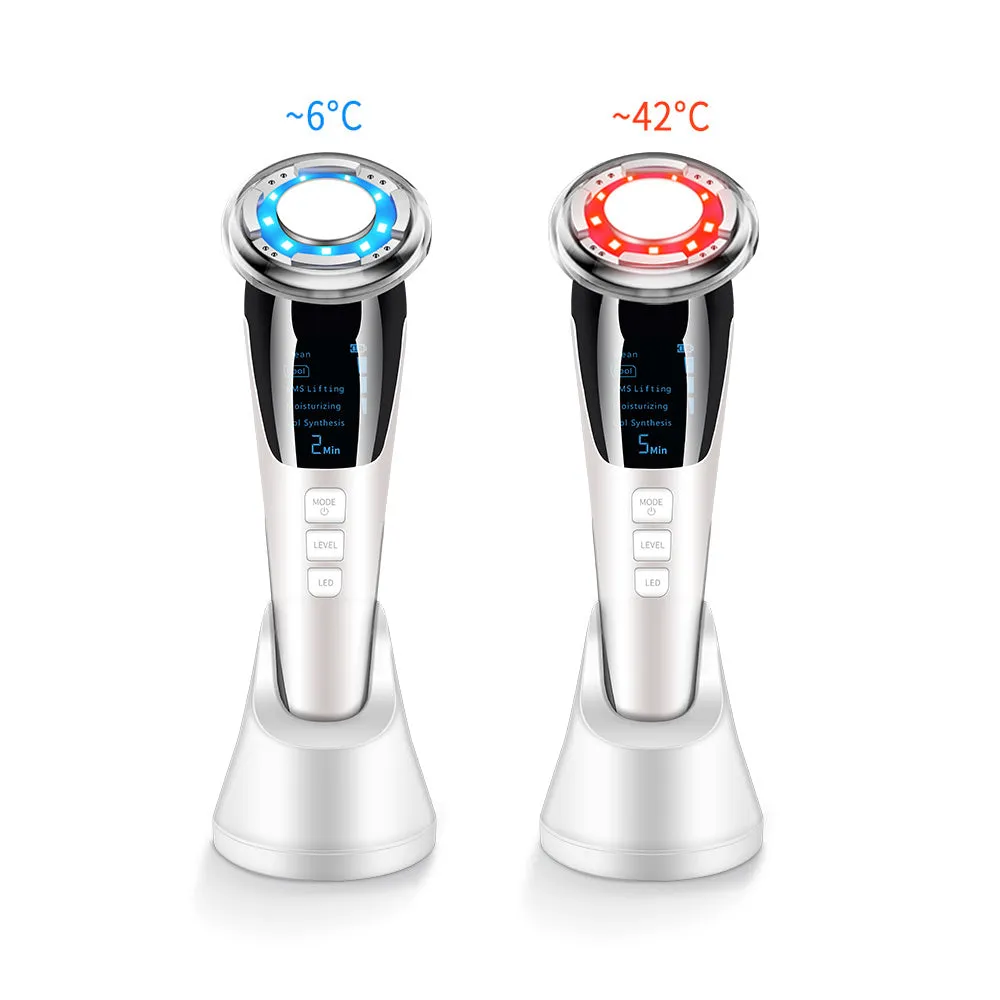 Cold and hot color photoelectron facial massager with negative ion and ultrasonic functions in pink and white colours