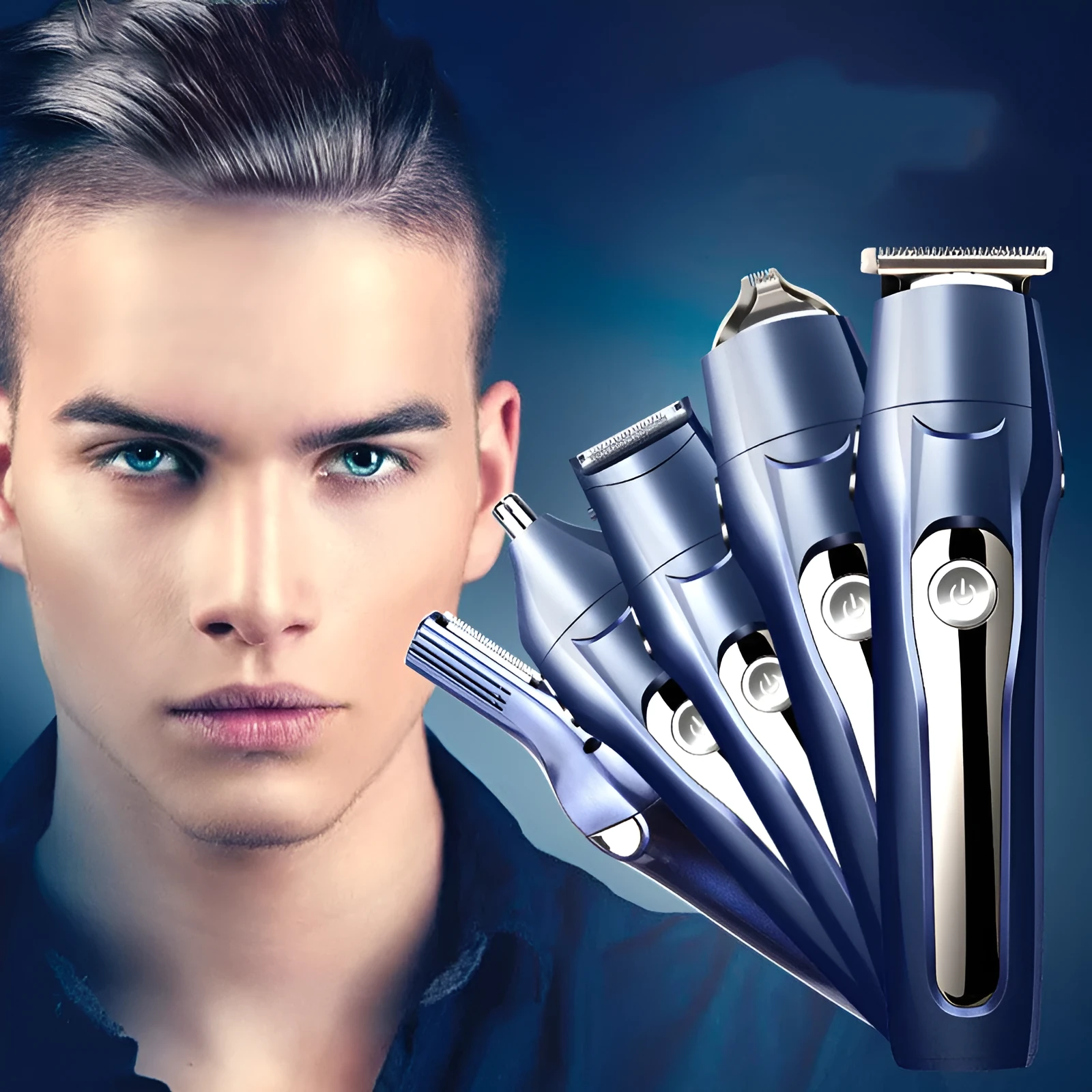 Blue adult multifunctional electric clipper with nose hair attachment and USB charging cable