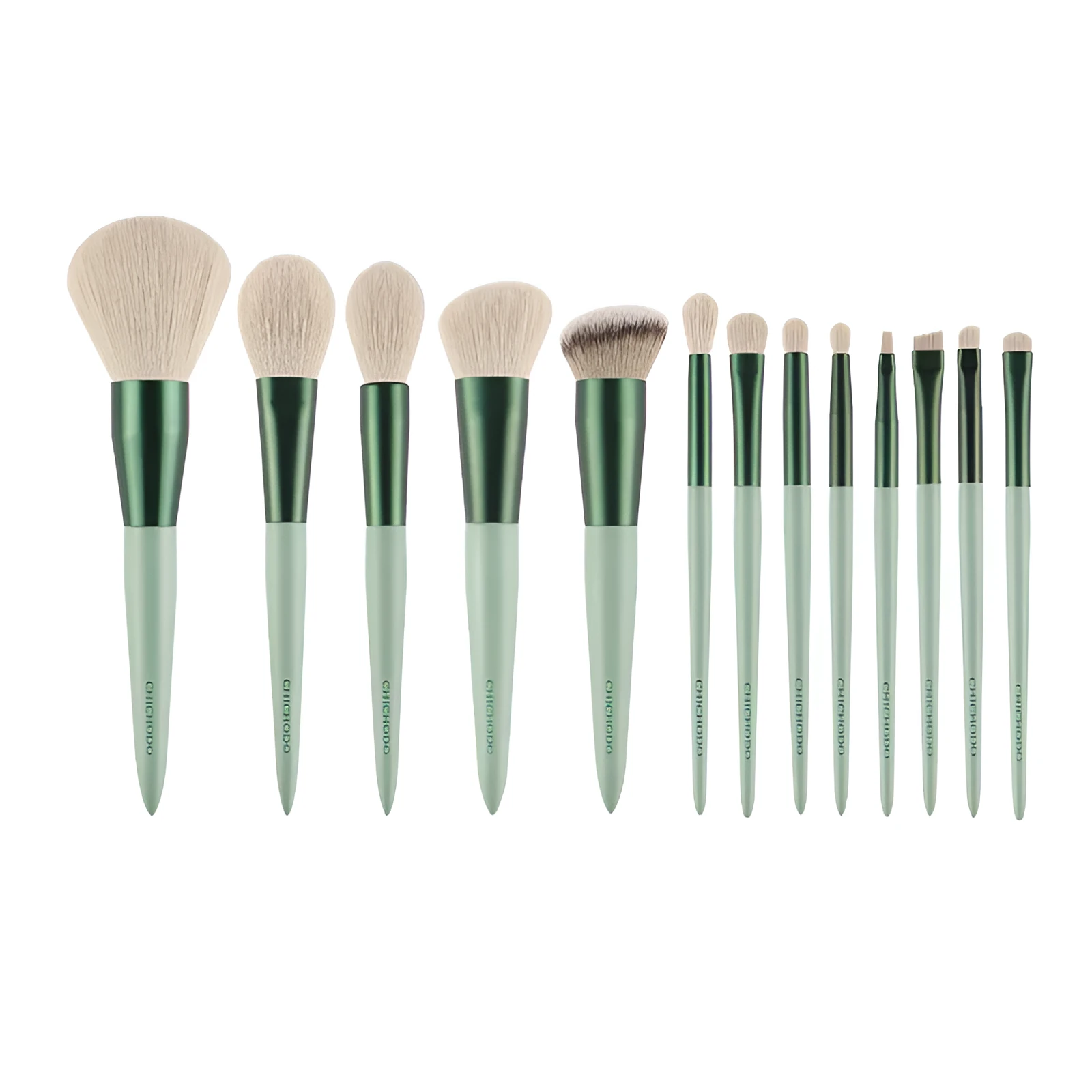 Green 13-piece makeup brush set with fibre wool bristles metal aluminium ferrules and natural wood handles