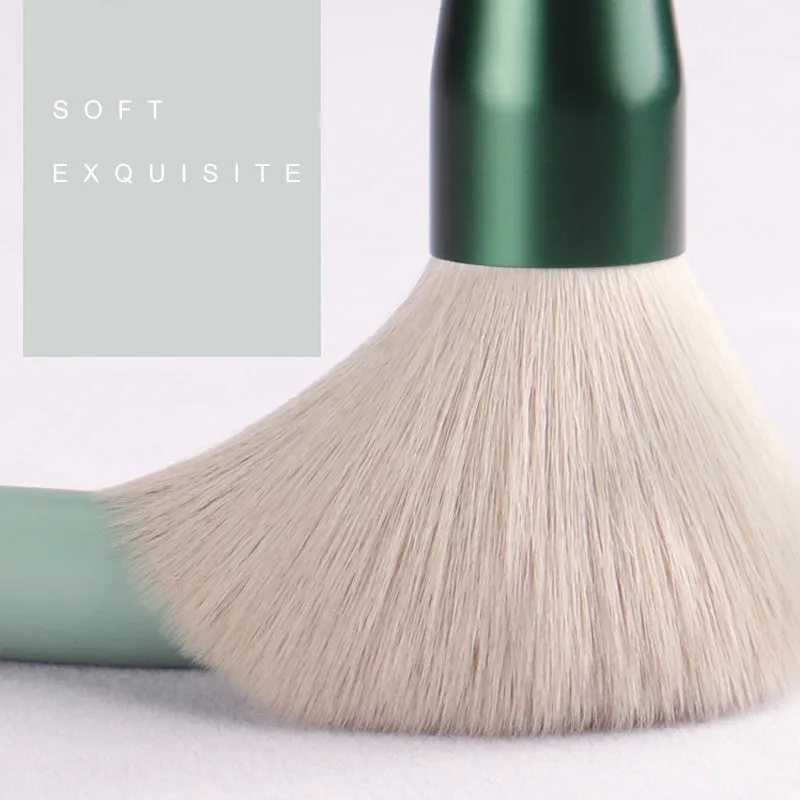 Green 13-piece makeup brush set with fibre wool bristles metal aluminium ferrules and natural wood handles