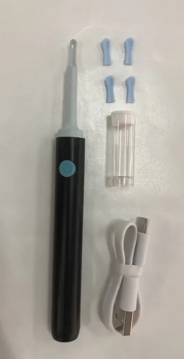 Smart visual ear spoon with 5MP camera, LED light, and silicone ear spoon covers in black