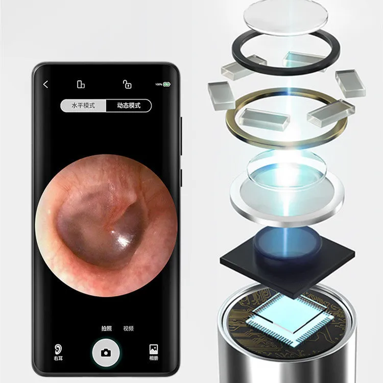 Smart visual ear spoon with 5MP camera, LED light, and silicone ear spoon covers in black
