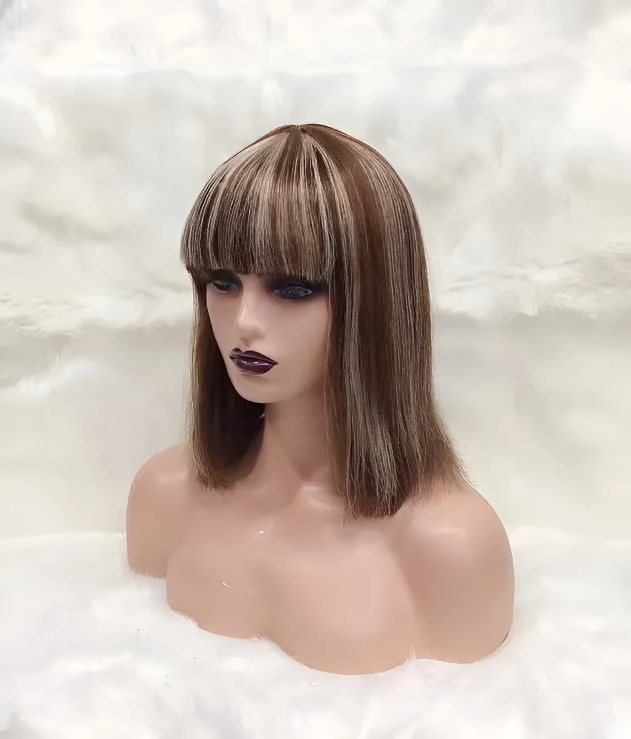 Full Mechanic 4 27 Bob human hair wig in brown with straight bangs and medium length