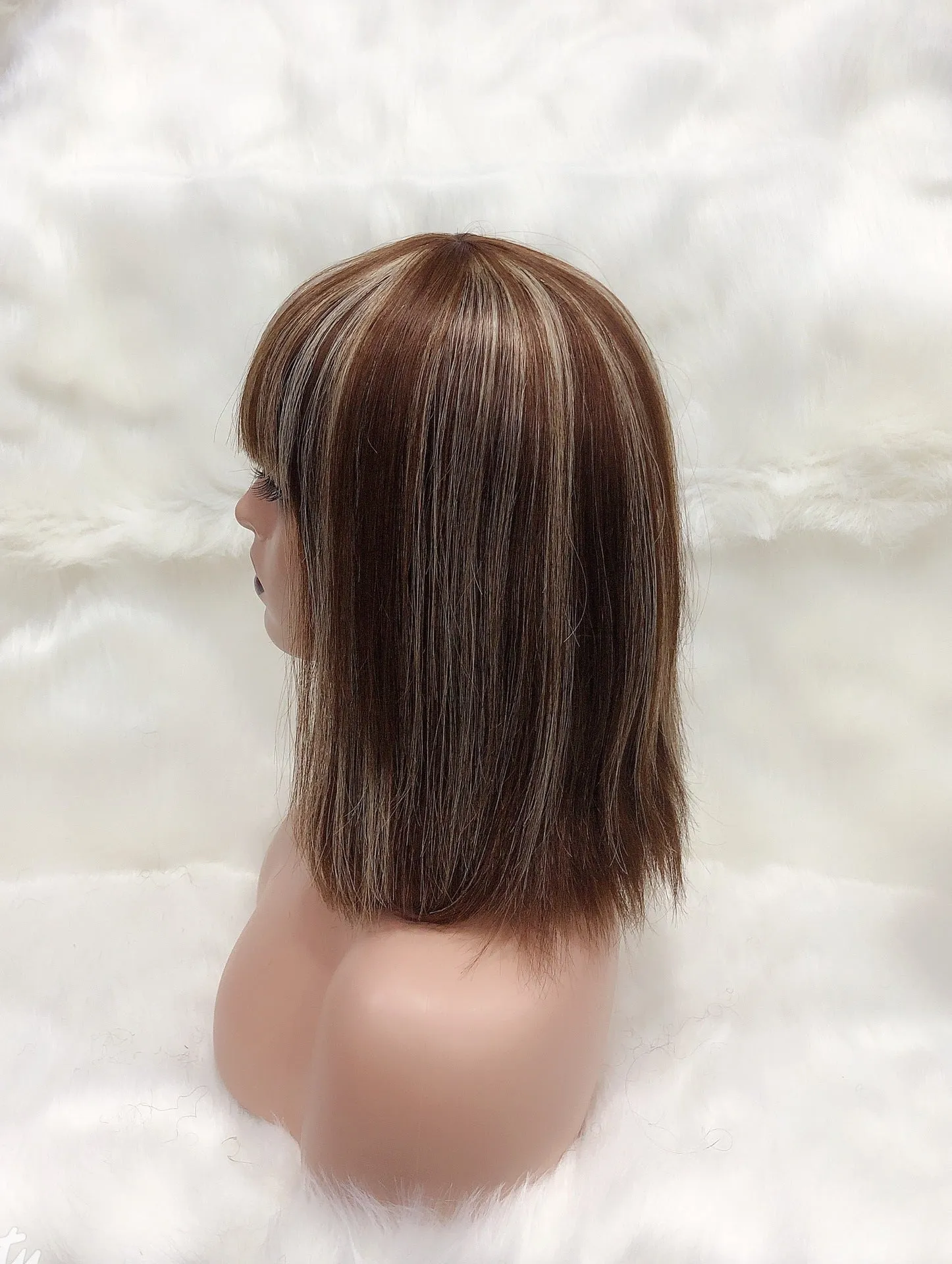 Full Mechanic 4 27 Bob human hair wig in brown with straight bangs and medium length