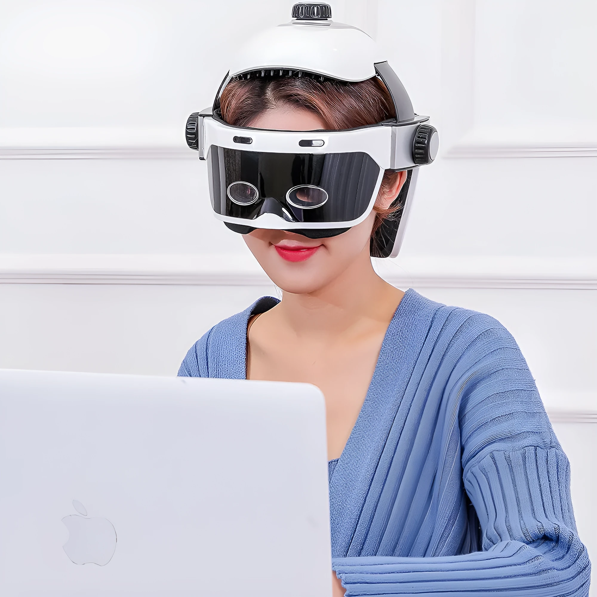 Electric eye massager in white and black with LCD remote controller and USB charging cable